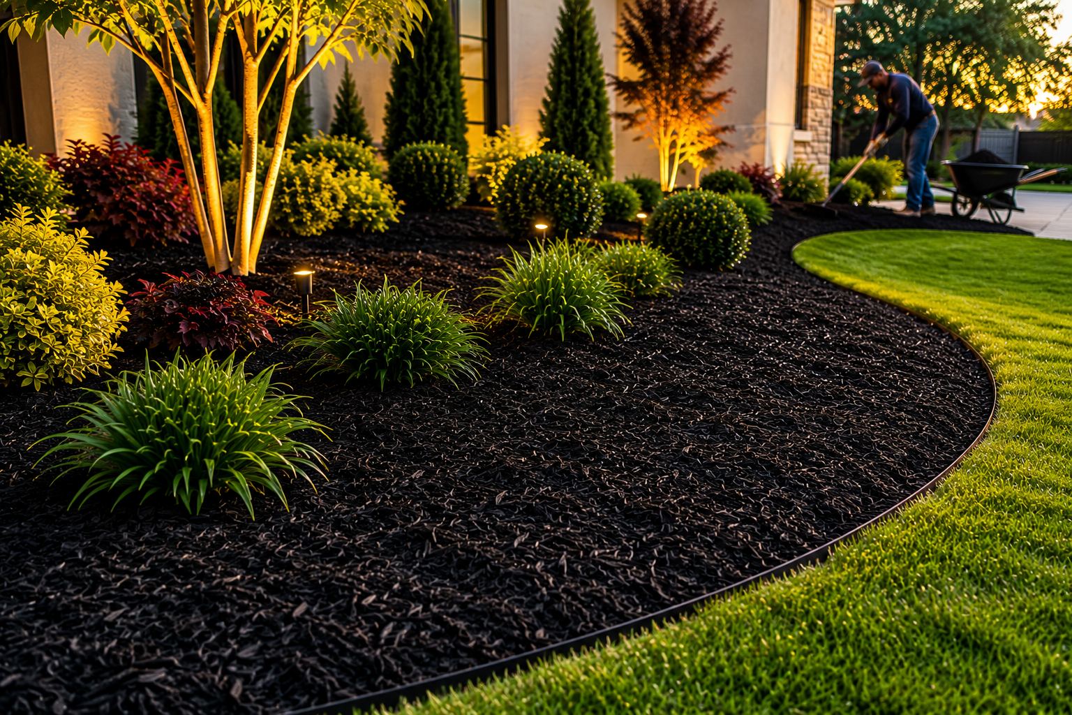 Fresh mulch and rock landscape bed service