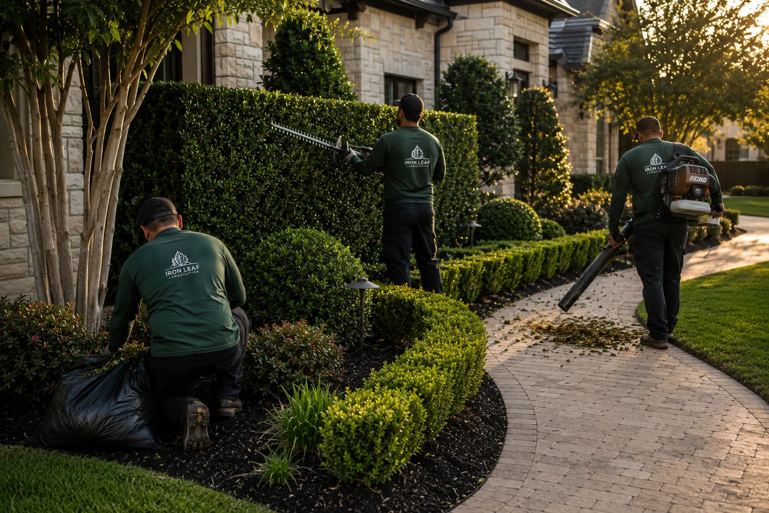 IronLeaf crew completing cleanup and trimming service