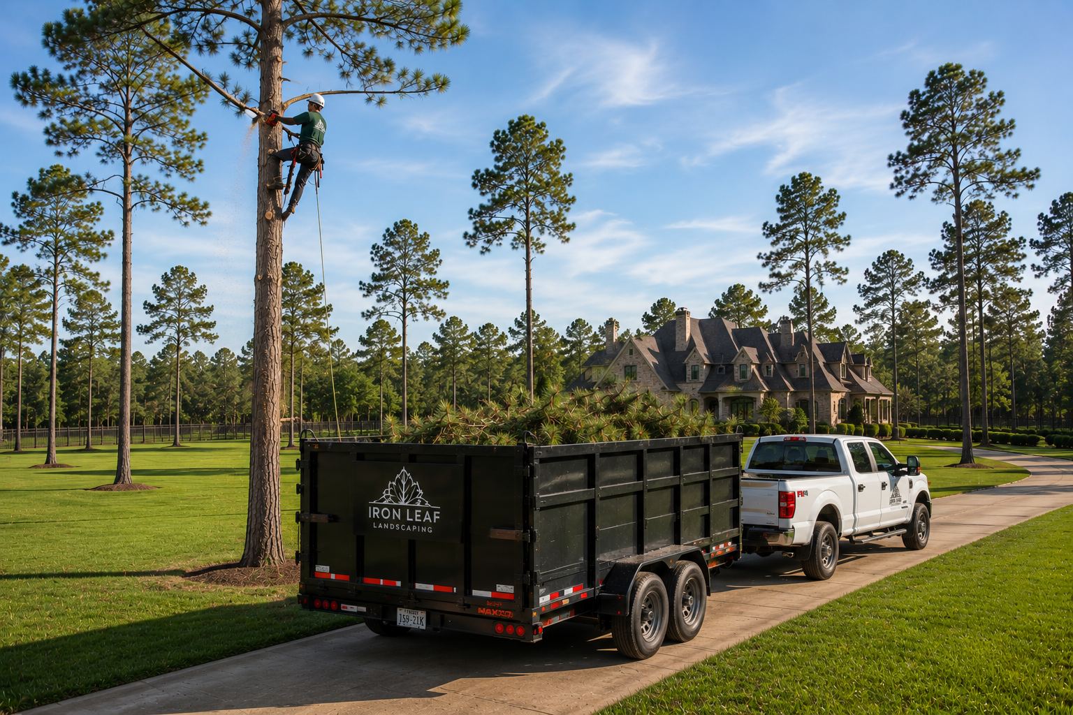 Tree service crew trimming trees